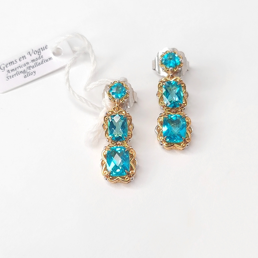 Gems en Vogue | NWT 1" 5.90ctw Paraiba Topaz Graduated Dangle Earrings - Picture 3 of 7